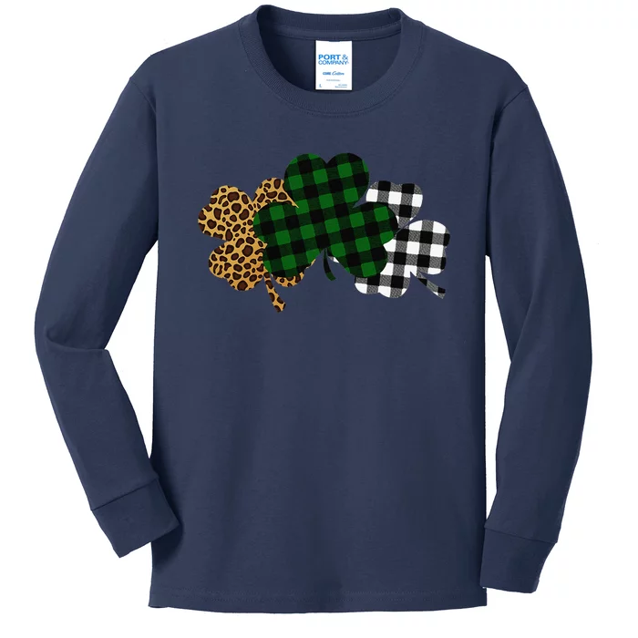 Buffalo Plaid Leopard Shamrock Clover Lucky St Patricks Day Kids Long Sleeve Shirt