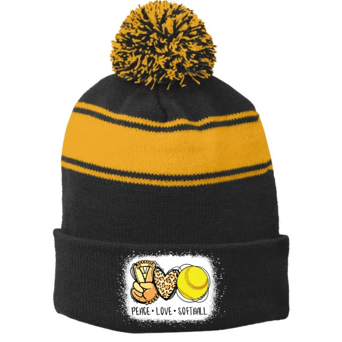 Bleached Peace Love Softball Mom Leopard Print Mothers Day Stripe Pom Pom Beanie