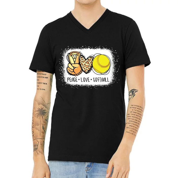 Bleached Peace Love Softball Mom Leopard Print Mothers Day V-Neck T-Shirt