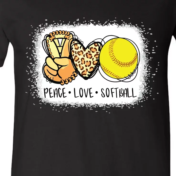 Bleached Peace Love Softball Mom Leopard Print Mothers Day V-Neck T-Shirt