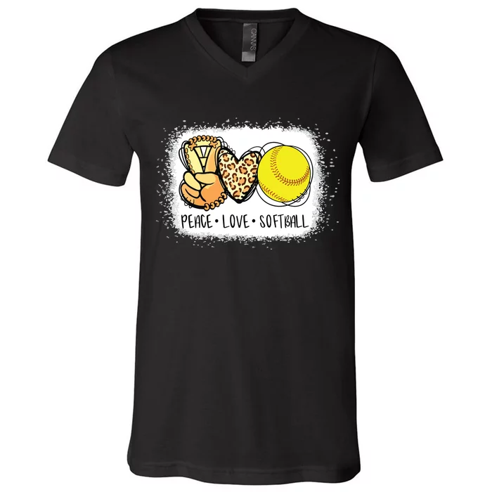 Bleached Peace Love Softball Mom Leopard Print Mothers Day V-Neck T-Shirt