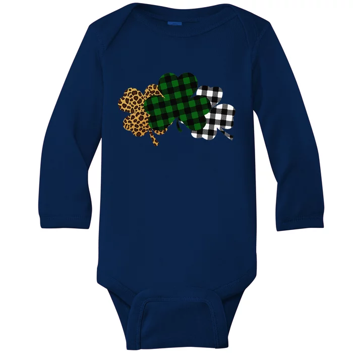 Buffalo Plaid Leopard Shamrock Clover Lucky St Patricks Day Gift Baby Long Sleeve Bodysuit