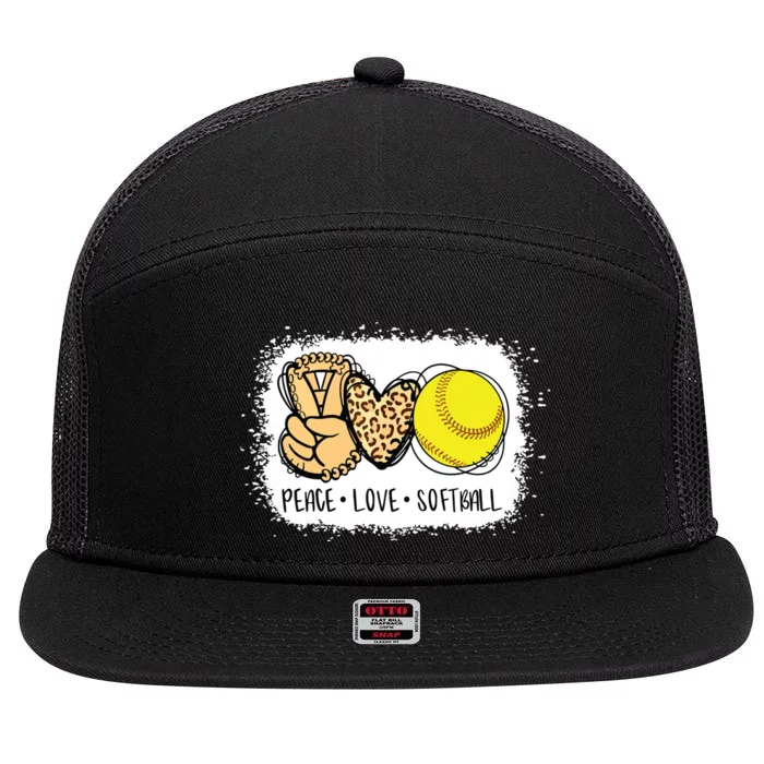 Bleached Peace Love Softball Mom Leopard Print Mothers Day 7 Panel Mesh Trucker Snapback Hat