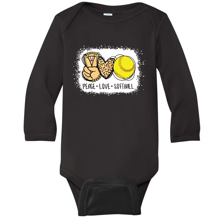 Bleached Peace Love Softball Mom Leopard Print Mothers Day Baby Long Sleeve Bodysuit