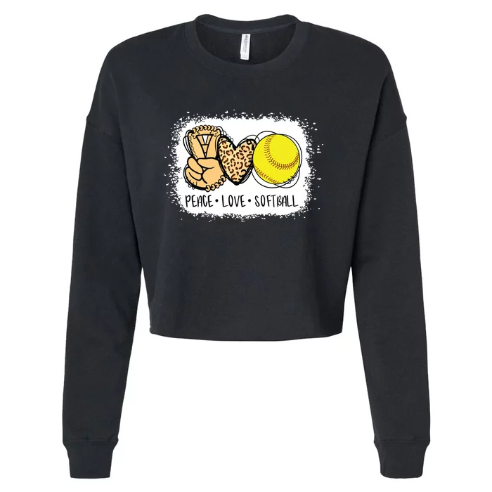 Bleached Peace Love Softball Mom Leopard Print Mothers Day Cropped Pullover Crew