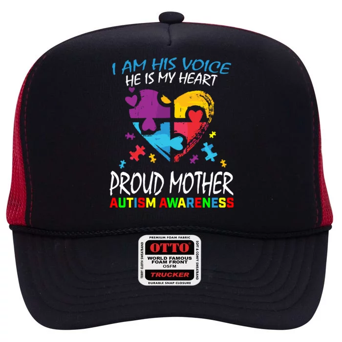 Blue Proud Mother Autism Awareness Mom Son I Am His Voice Gift High Crown Mesh Trucker Hat