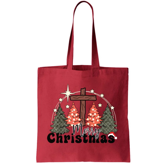 Buffalo Plaid Merry Christmas Tree Christian Cross Jesus Tote Bag