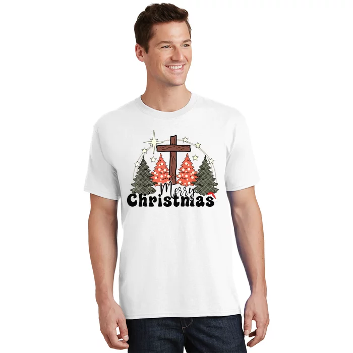 Buffalo Plaid Merry Christmas Tree Christian Cross Jesus T-Shirt