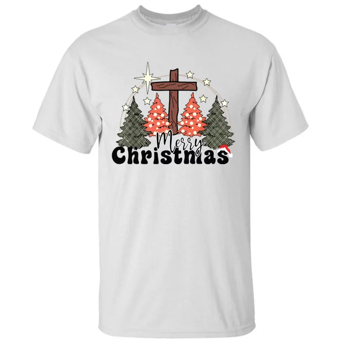 Buffalo Plaid Merry Christmas Tree Christian Cross Jesus Tall T-Shirt