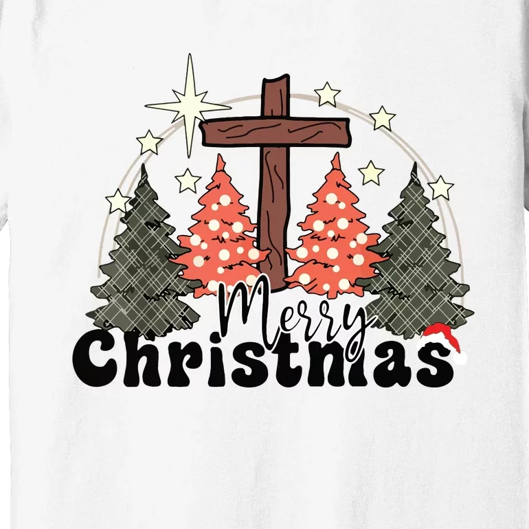 Buffalo Plaid Merry Christmas Tree Christian Cross Jesus Premium T-Shirt