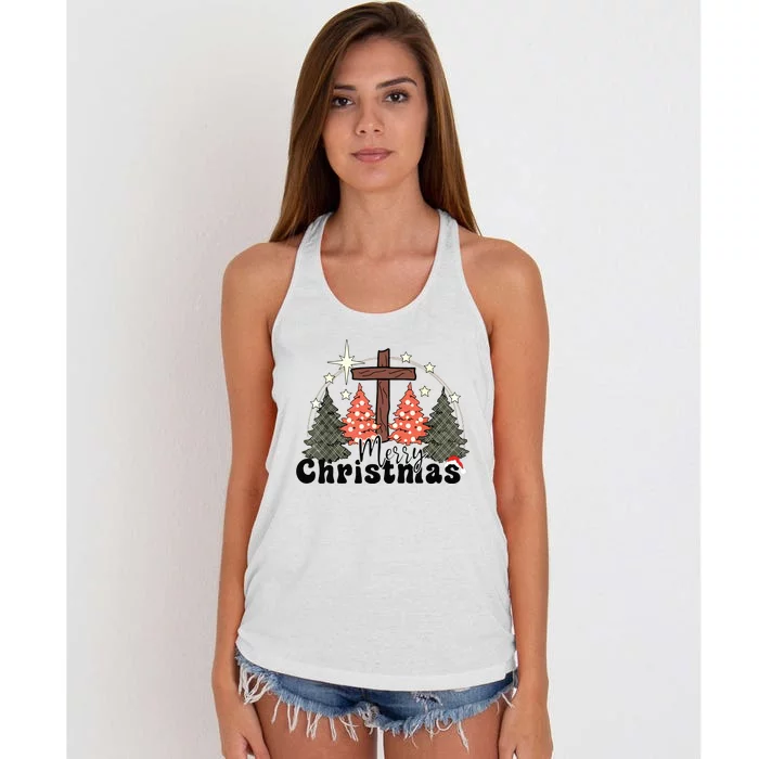 Buffalo Plaid Merry Christmas Tree Christian Cross Jesus Women's Knotted Racerback Tank