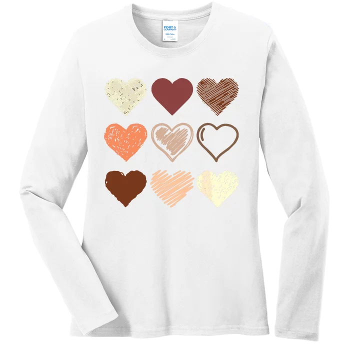 Black Pride Melanin Skin Tone Hearts Black History Month Ladies Long Sleeve Shirt