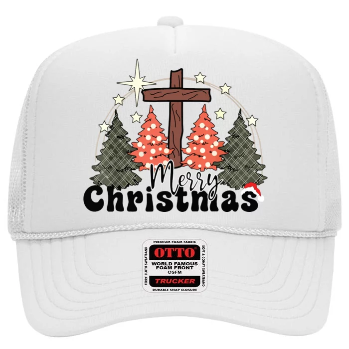 Buffalo Plaid Merry Christmas Tree Christian Cross Jesus High Crown Mesh Trucker Hat