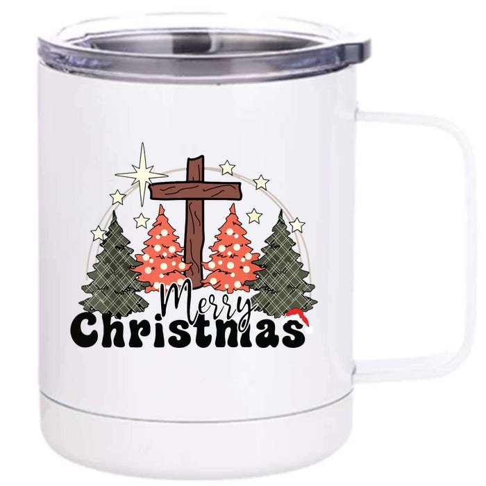 Buffalo Plaid Merry Christmas Tree Christian Cross Jesus Front & Back 12oz Stainless Steel Tumbler Cup