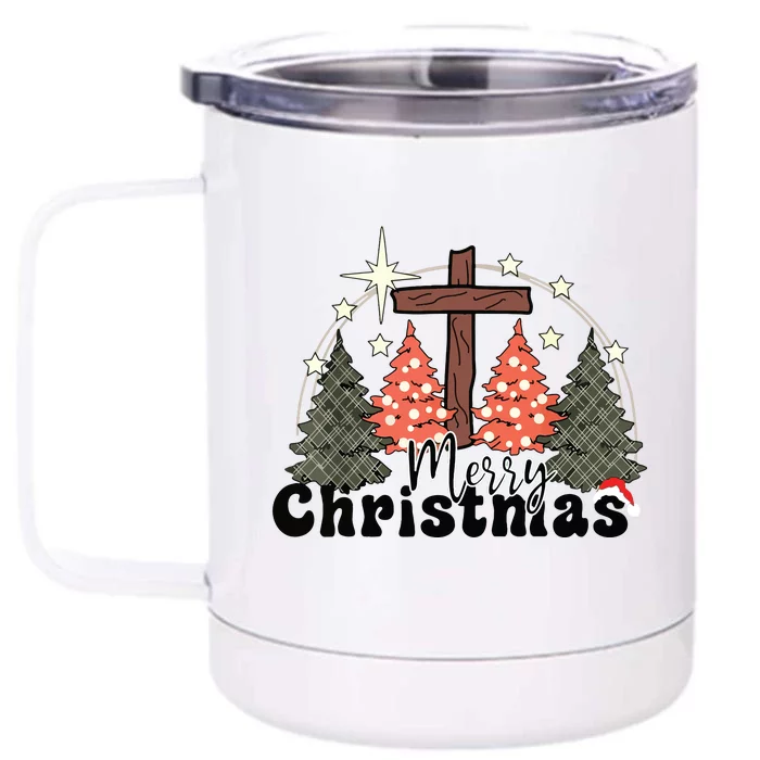 Buffalo Plaid Merry Christmas Tree Christian Cross Jesus Front & Back 12oz Stainless Steel Tumbler Cup