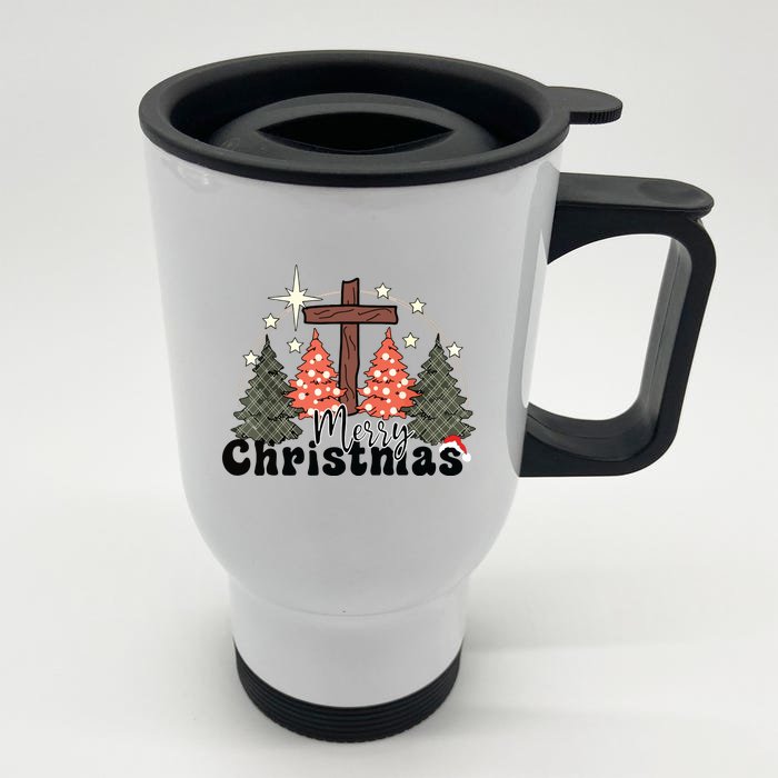 Buffalo Plaid Merry Christmas Tree Christian Cross Jesus Front & Back Stainless Steel Travel Mug