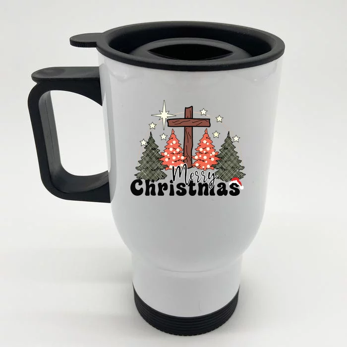 Buffalo Plaid Merry Christmas Tree Christian Cross Jesus Front & Back Stainless Steel Travel Mug