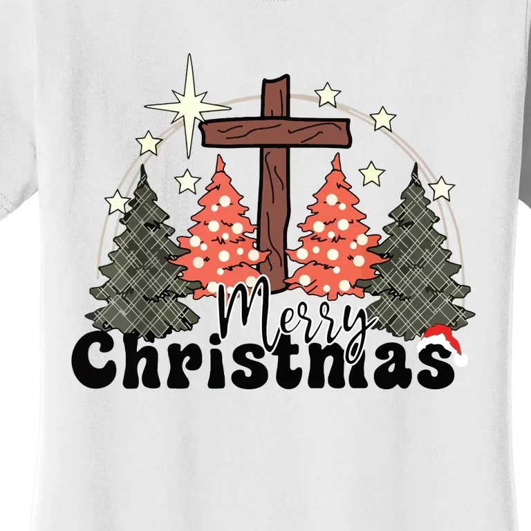 Buffalo Plaid Merry Christmas Tree Christian Cross Jesus Women's T-Shirt