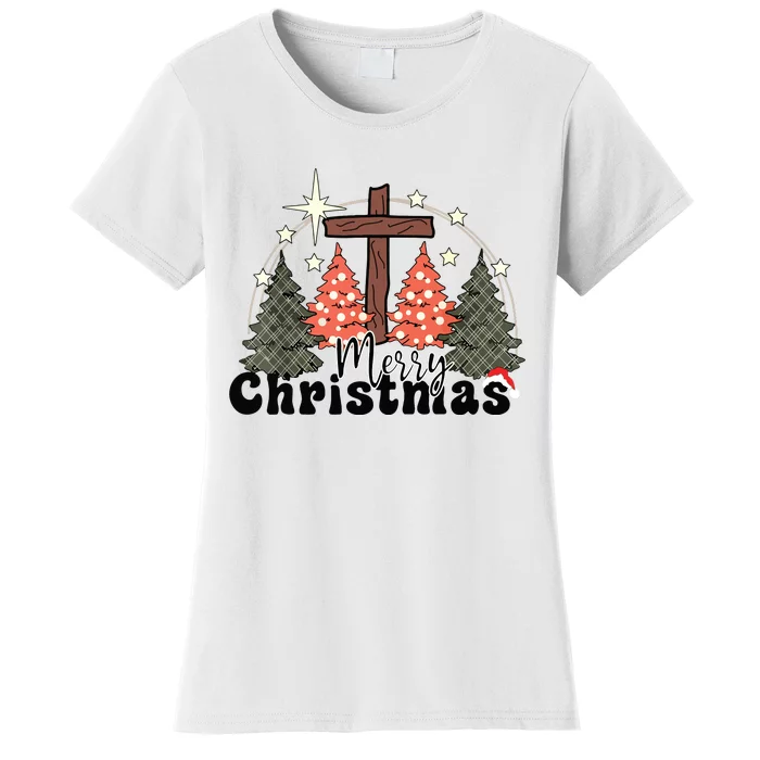 Buffalo Plaid Merry Christmas Tree Christian Cross Jesus Women's T-Shirt