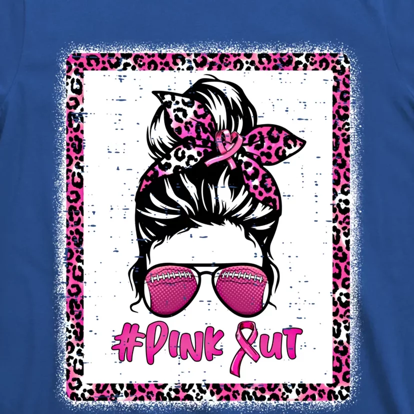 Bleached Pink Out Football Mom Messy Bun Pink Breast Cancer Cute Gift T-Shirt