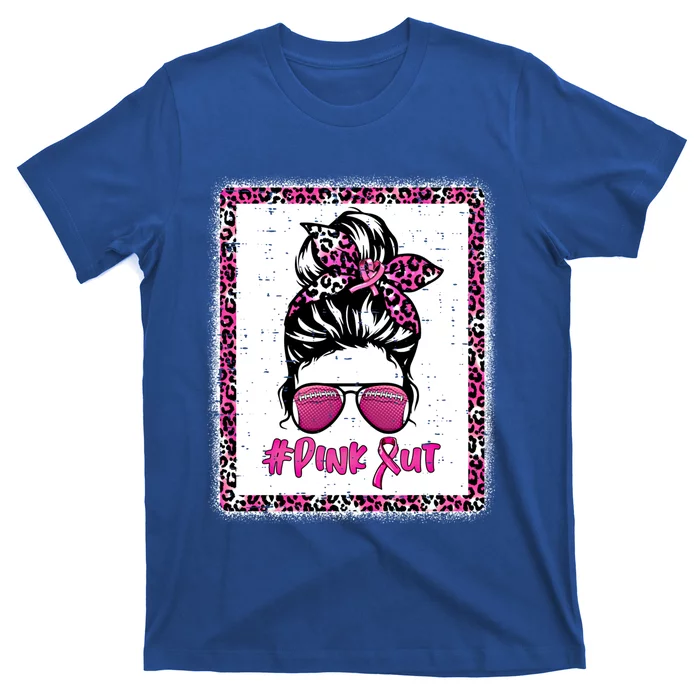 Bleached Pink Out Football Mom Messy Bun Pink Breast Cancer Cute Gift T-Shirt