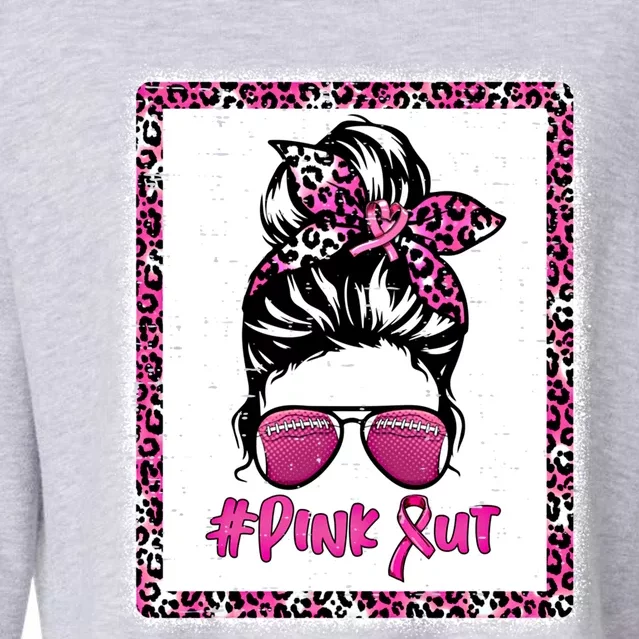 Bleached Pink Out Football Mom Messy Bun Pink Breast Cancer Cute Gift Cropped Pullover Crew