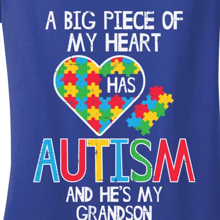 Big Piece Of My Heart Has Autism Grandson Awareness Puzzle Gift Women's V-Neck T-Shirt