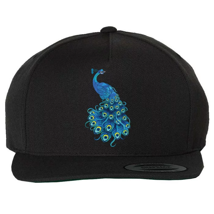 Blue Peacock Print Teal Feathers Bird Lover Gifts Wool Snapback Cap