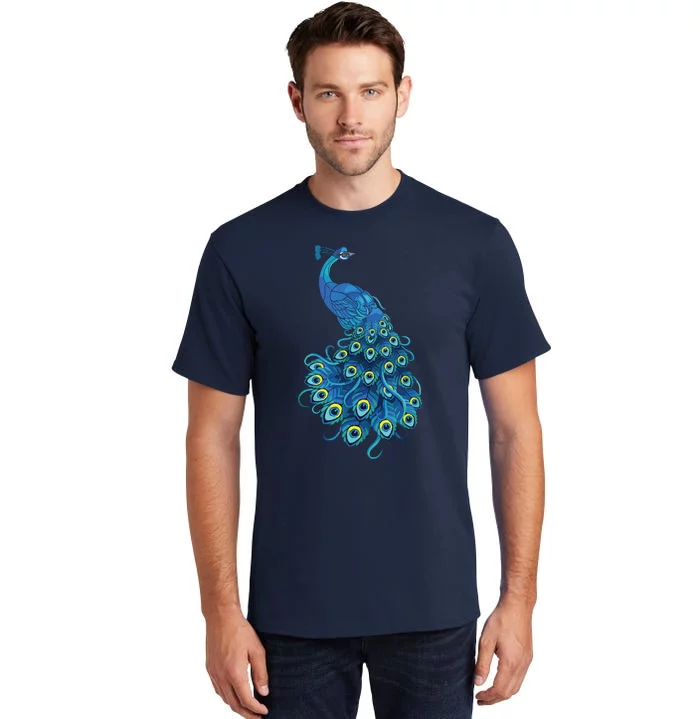 Blue Peacock Print Teal Feathers Bird Lover Gifts Tall T-Shirt