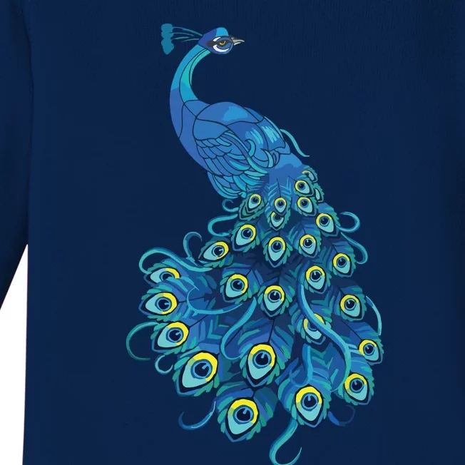 Blue Peacock Print Teal Feathers Bird Lover Gifts Baby Long Sleeve Bodysuit