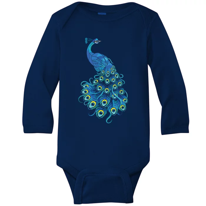 Blue Peacock Print Teal Feathers Bird Lover Gifts Baby Long Sleeve Bodysuit