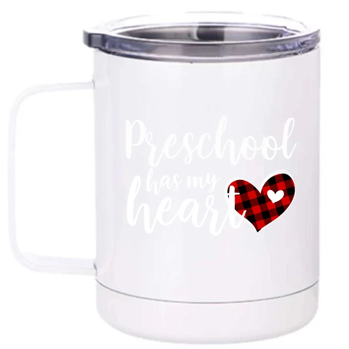 Buffalo Plaid Preschool Has My Heart Teacher Valentines Day Gift Front & Back 12oz Stainless Steel Tumbler Cup