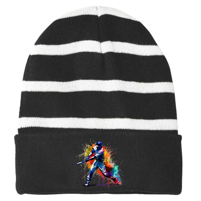 Baseball Player Paint Splash Striped Beanie with Solid Band