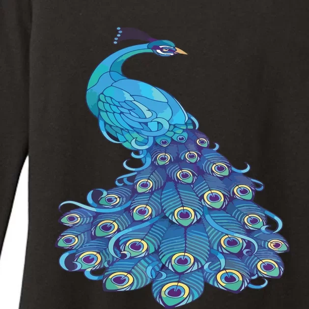 Blue Peacock Print Teal Feathers Bird Lover Womens CVC Long Sleeve Shirt