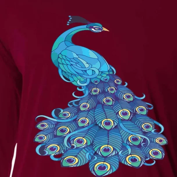 Blue Peacock Print Teal Feathers Bird Lover Cooling Performance Long Sleeve Crew