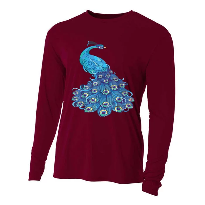 Blue Peacock Print Teal Feathers Bird Lover Cooling Performance Long Sleeve Crew