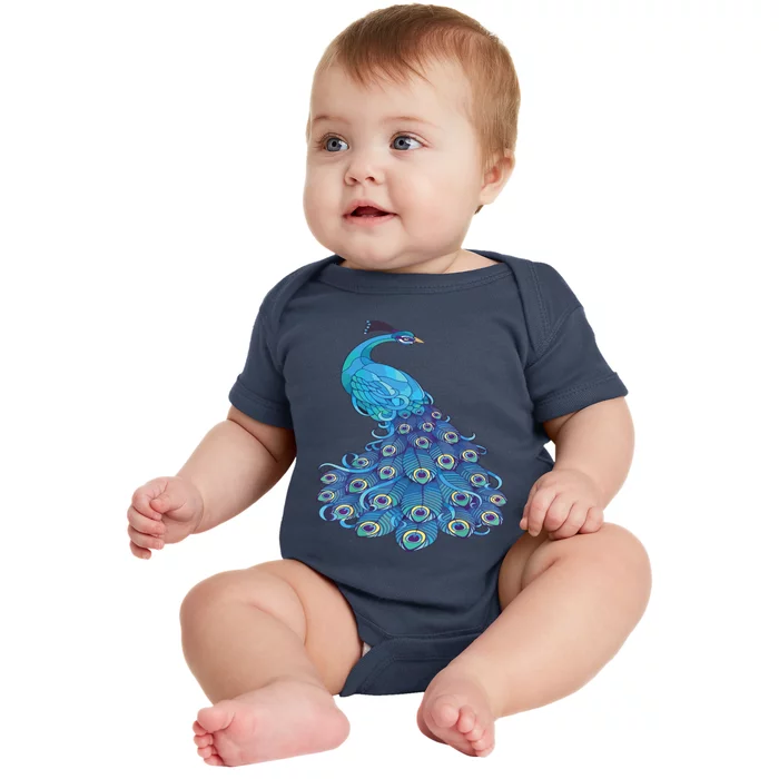 Blue Peacock Print Teal Feathers Bird Lover Baby Bodysuit