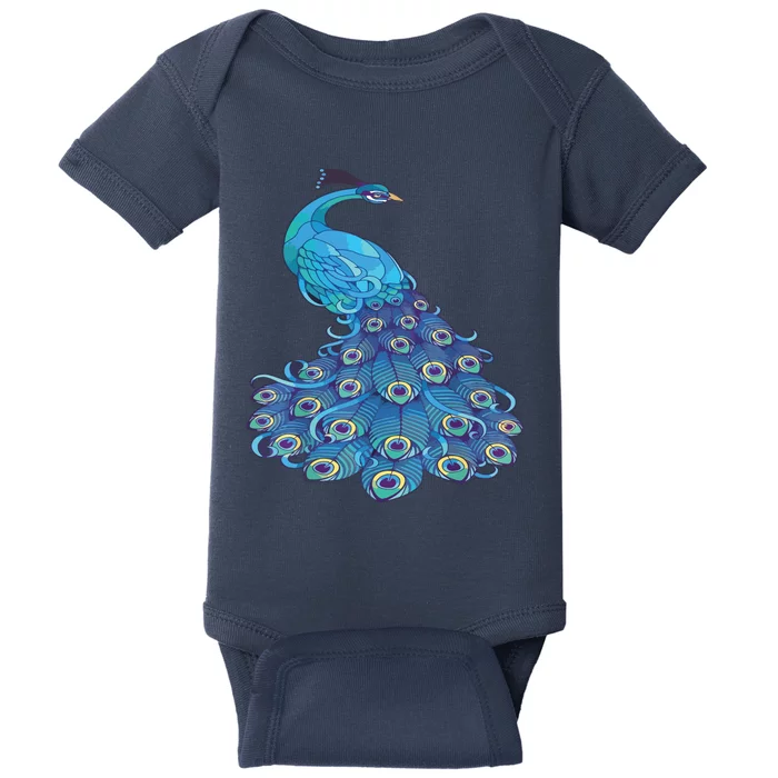 Blue Peacock Print Teal Feathers Bird Lover Baby Bodysuit