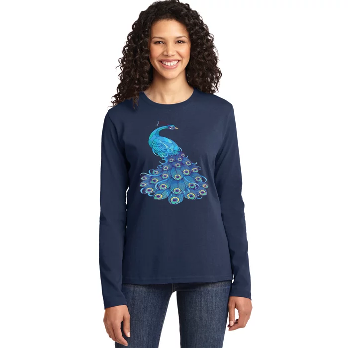 Blue Peacock Print Teal Feathers Bird Lover Ladies Long Sleeve Shirt