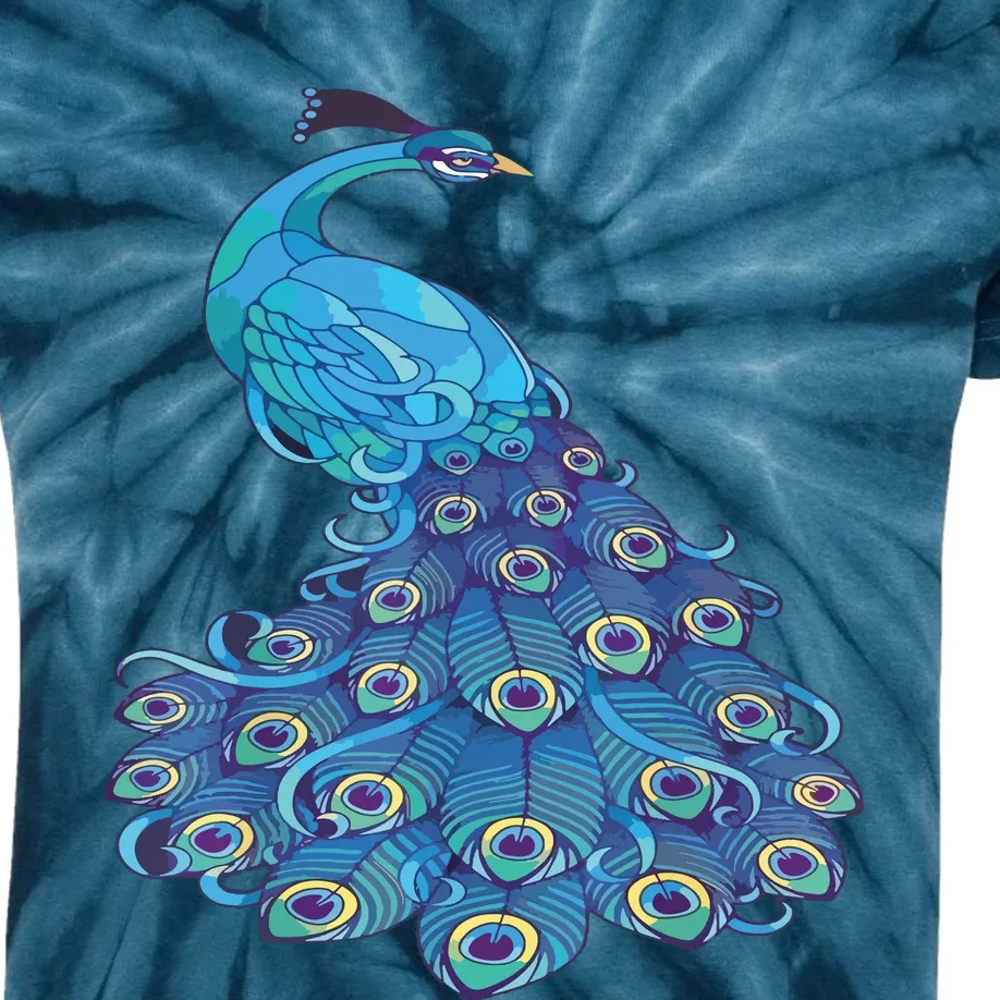 Blue Peacock Print Teal Feathers Bird Lover Kids Tie-Dye T-Shirt