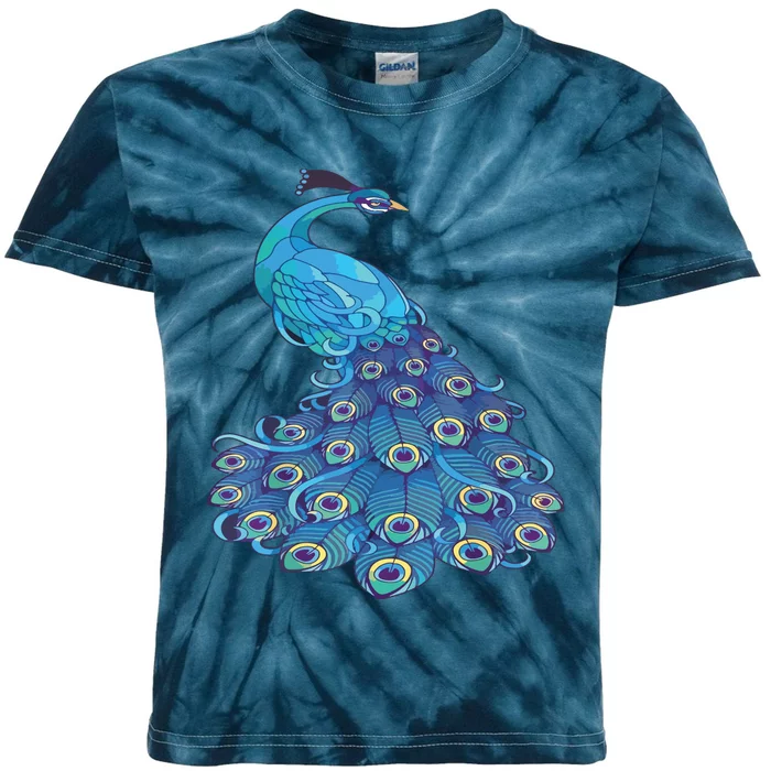 Blue Peacock Print Teal Feathers Bird Lover Kids Tie-Dye T-Shirt