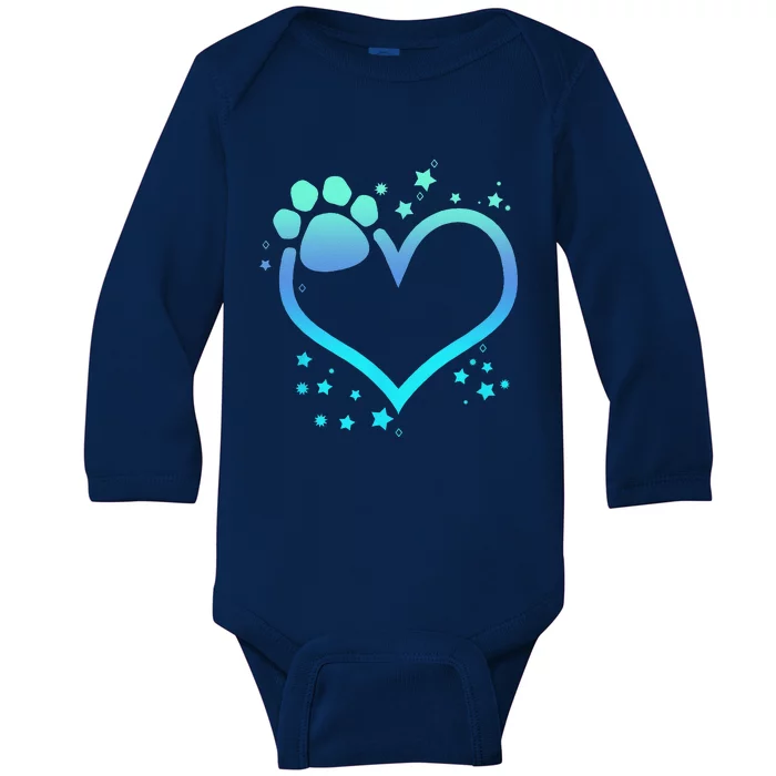 Blue Paw Print Heart Cute Dog Cat Love Valentines Day Baby Long Sleeve Bodysuit