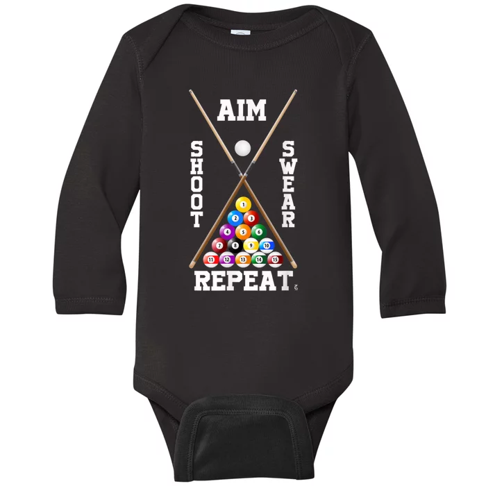 Billiard Pool Player Play Sport Aim Shoot Swear Repeat Baby Long Sleeve Bodysuit