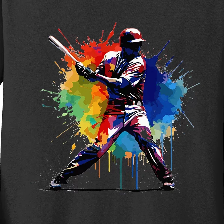 Baseball Player Paint Splash Kids Long Sleeve Shirt