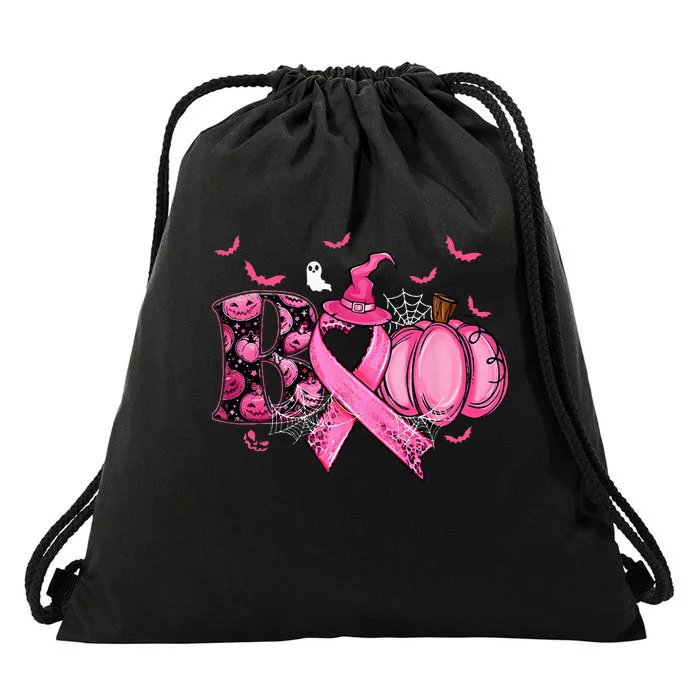 Boo Pumpkin Pink Ribbon Witch Breast Cancer Ghost Halloween Drawstring Bag