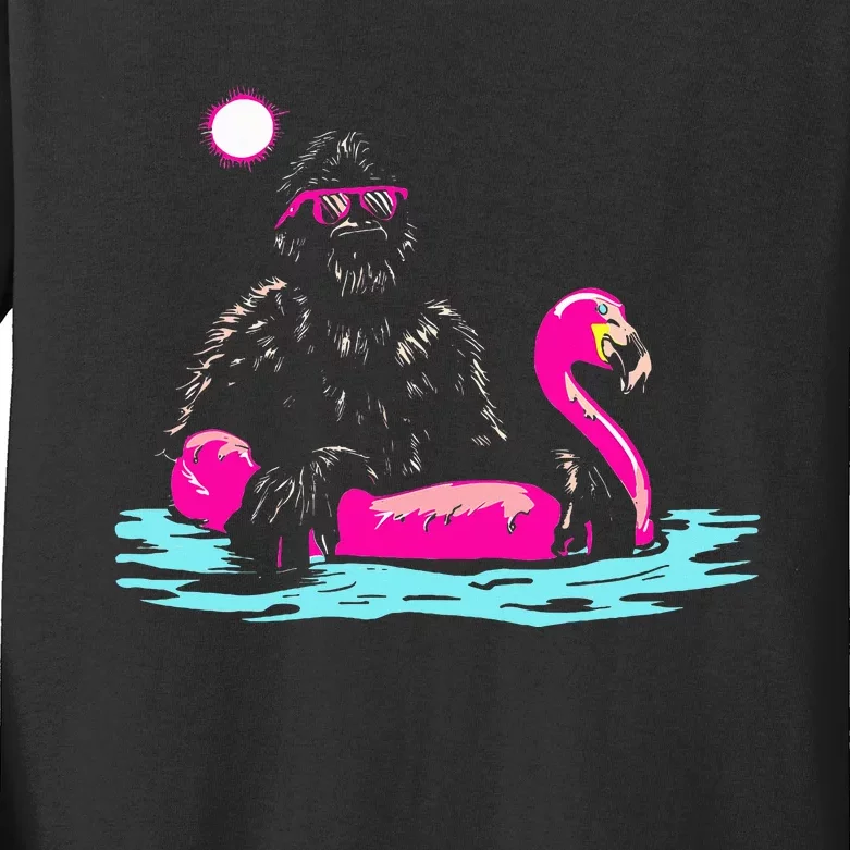 Bigfoot Pool Party Flamingo Funny Sasquatch Pink Float Kids Long Sleeve Shirt