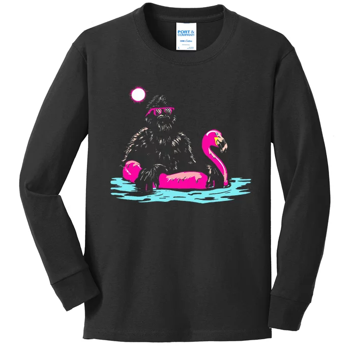 Bigfoot Pool Party Flamingo Funny Sasquatch Pink Float Kids Long Sleeve Shirt