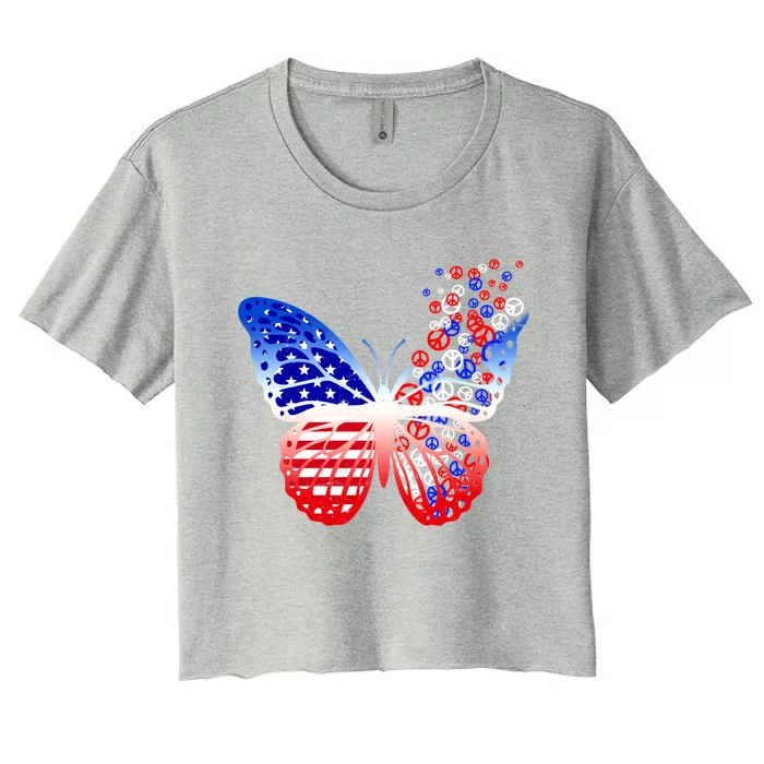 Butterfly Patriotic Peace Signs 4th Of July American Flag Gift Women's Crop Top Tee