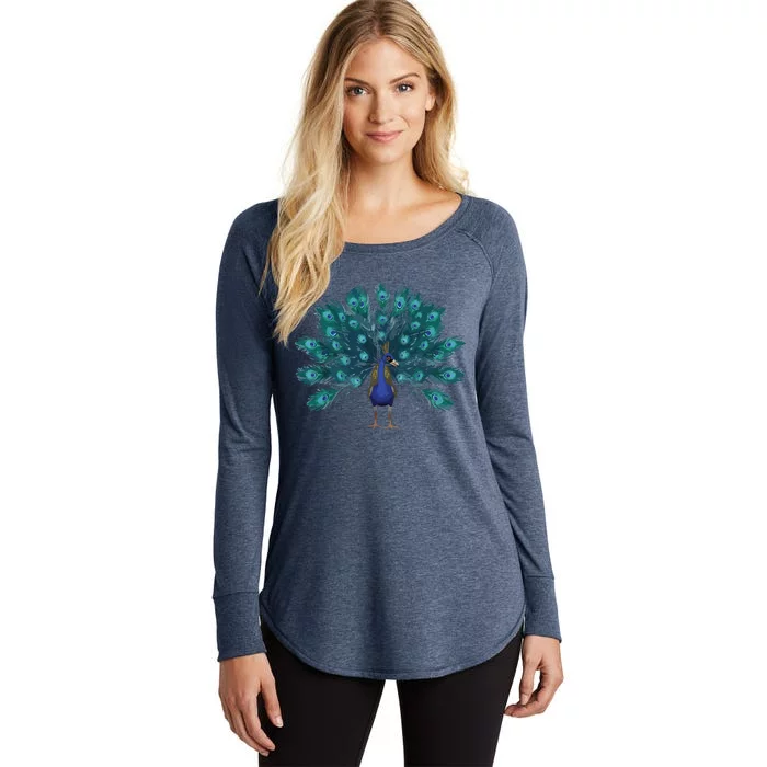 Blue Peacock Print Teal Feathers Bird Lover Men Women Gifts Women's Perfect Tri Tunic Long Sleeve Shirt