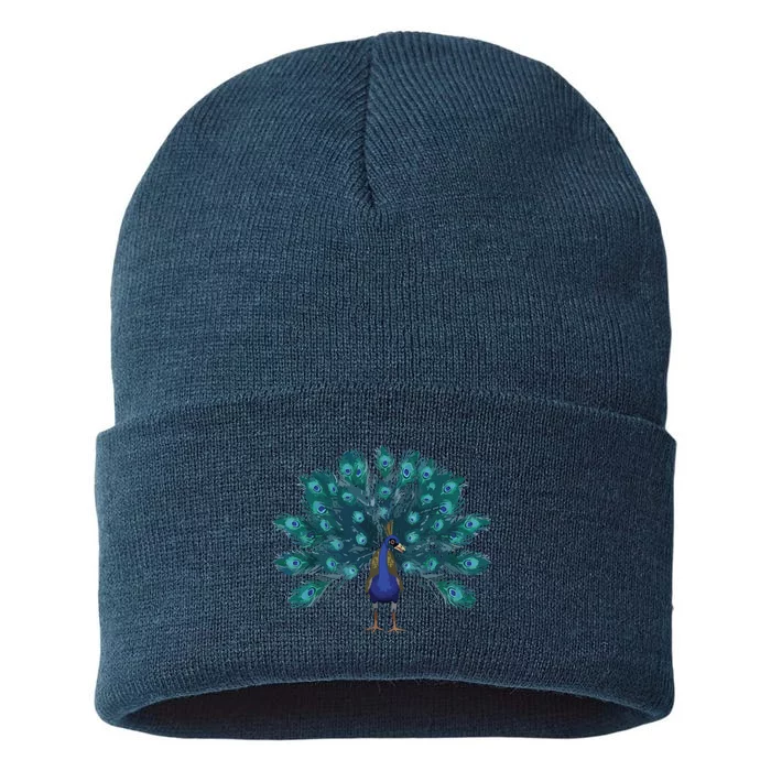 Blue Peacock Print Teal Feathers Bird Lover Men Women Gifts Sustainable Knit Beanie